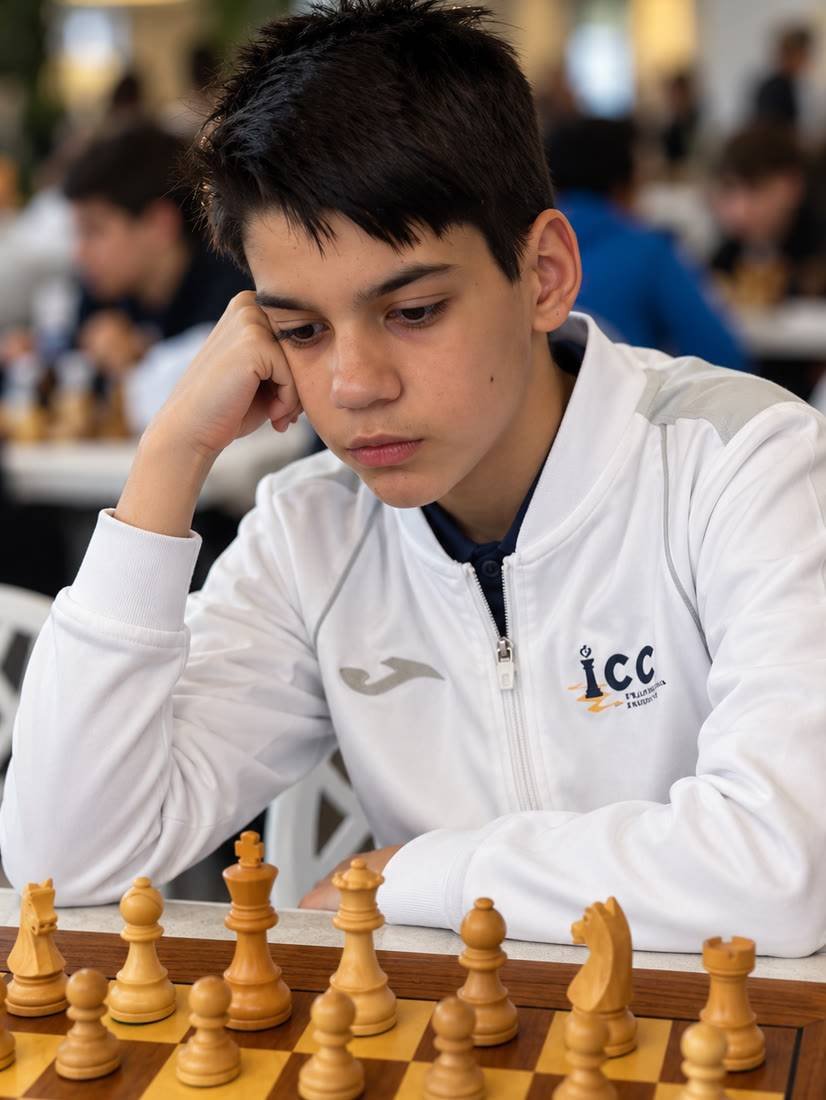 Robert, sportiv de performanță al International Chess Club Iași, concentrat la tabla de șah