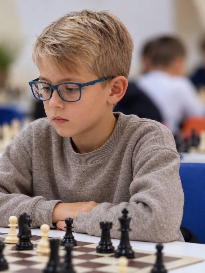 Vladimir, sportiv de performanță al International Chess Club Iași, concentrat la tabla de șah