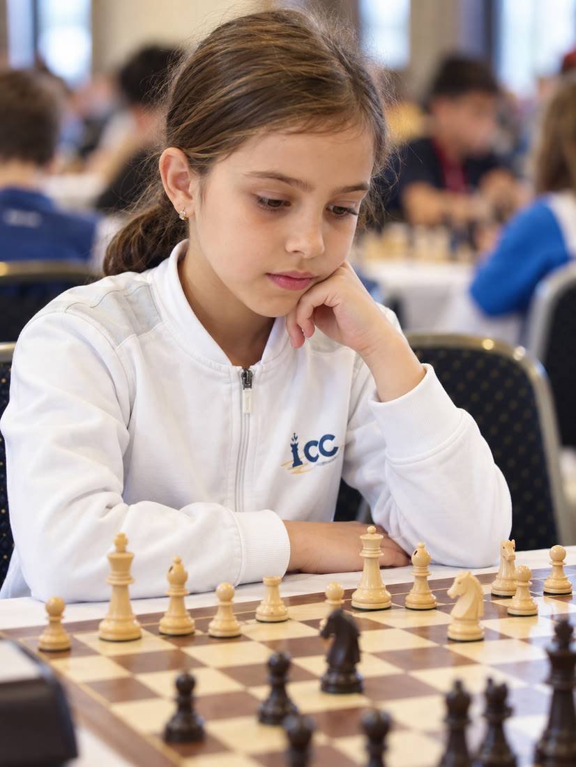Sportivă de performanță a International Chess Club Iași, concentrată la tabla de șah